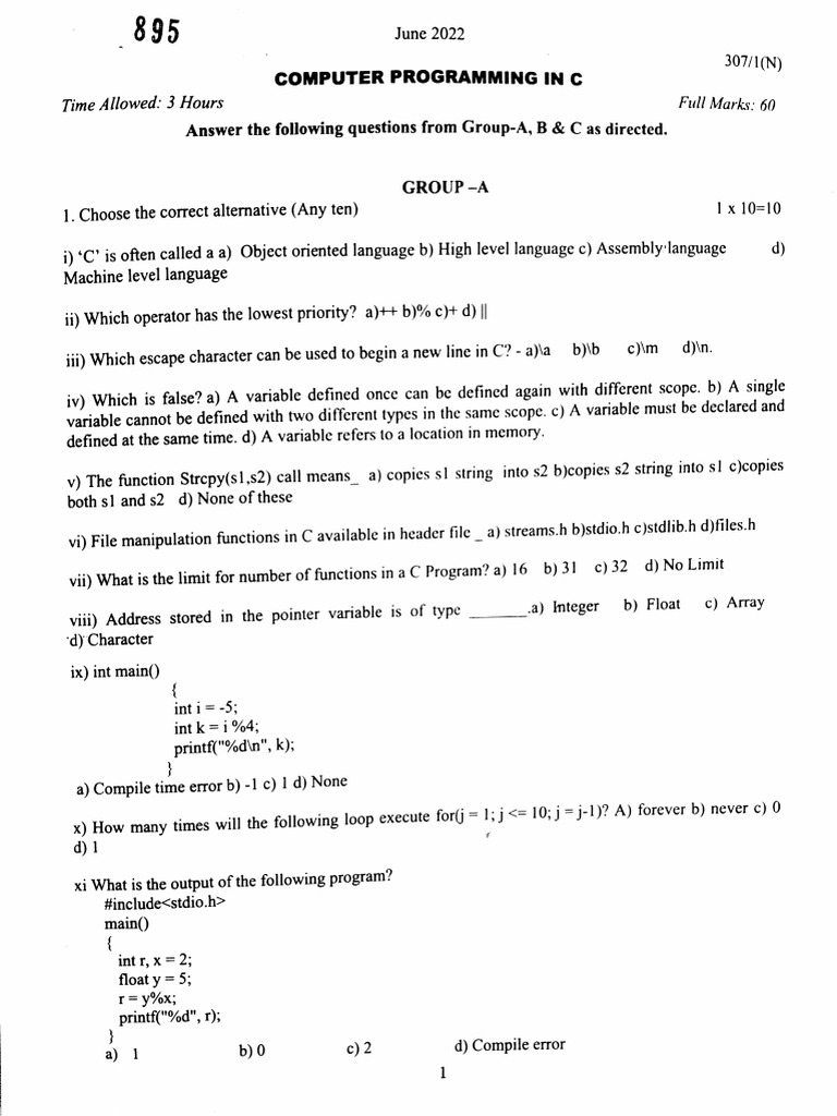 Cst 3 sem computer programmin in c 307 1 n jun 2022 pdf pointer