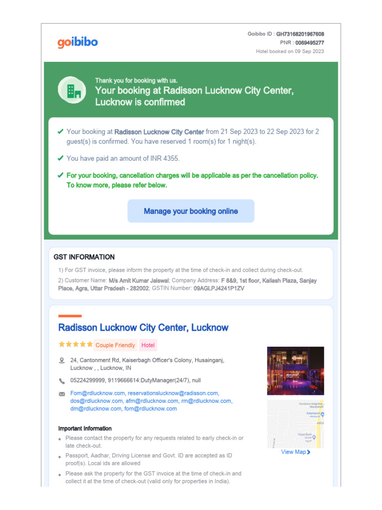 GST Invoice and Booking Details for Radisson Lucknow | PDF