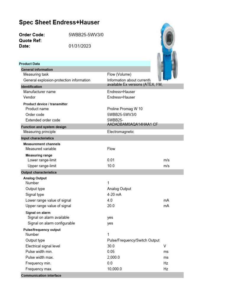Proline Promag W 10 Spec Sheet | PDF | Electrical Engineering | Electricity