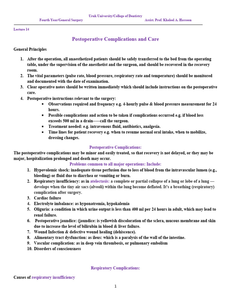 Lecture 14 Postoperative Complications and Care | PDF | Thrombosis | Vein