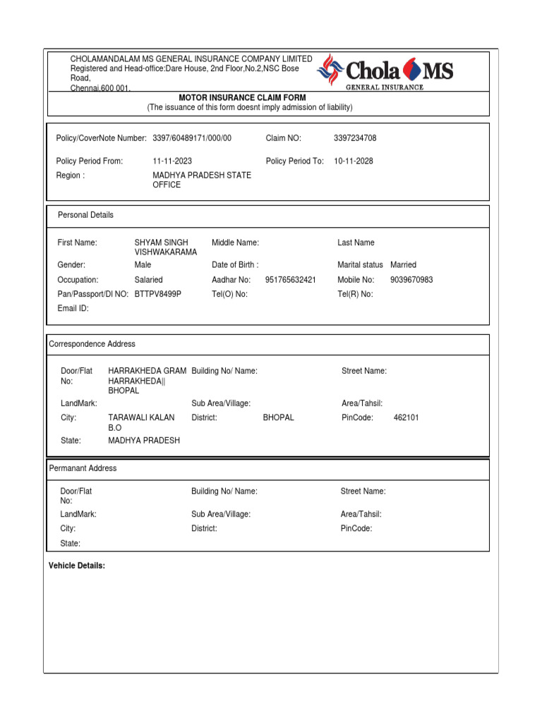 Claims Form PDF Insurance Receipt