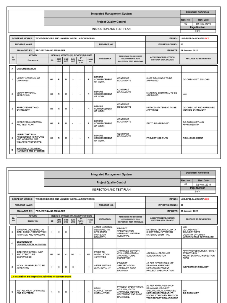 ITP for Quality Management in Joinery | PDF