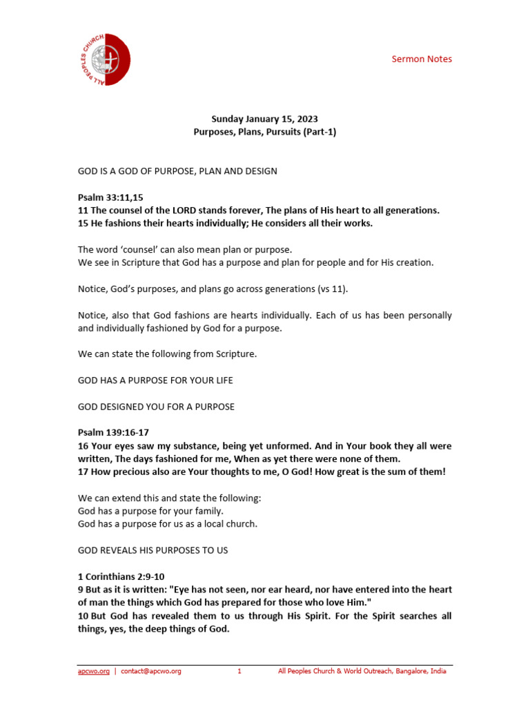 Purposes Plans Pursuits Part 1 Ps Ashish Raichur Pdf Prayer Sermon
