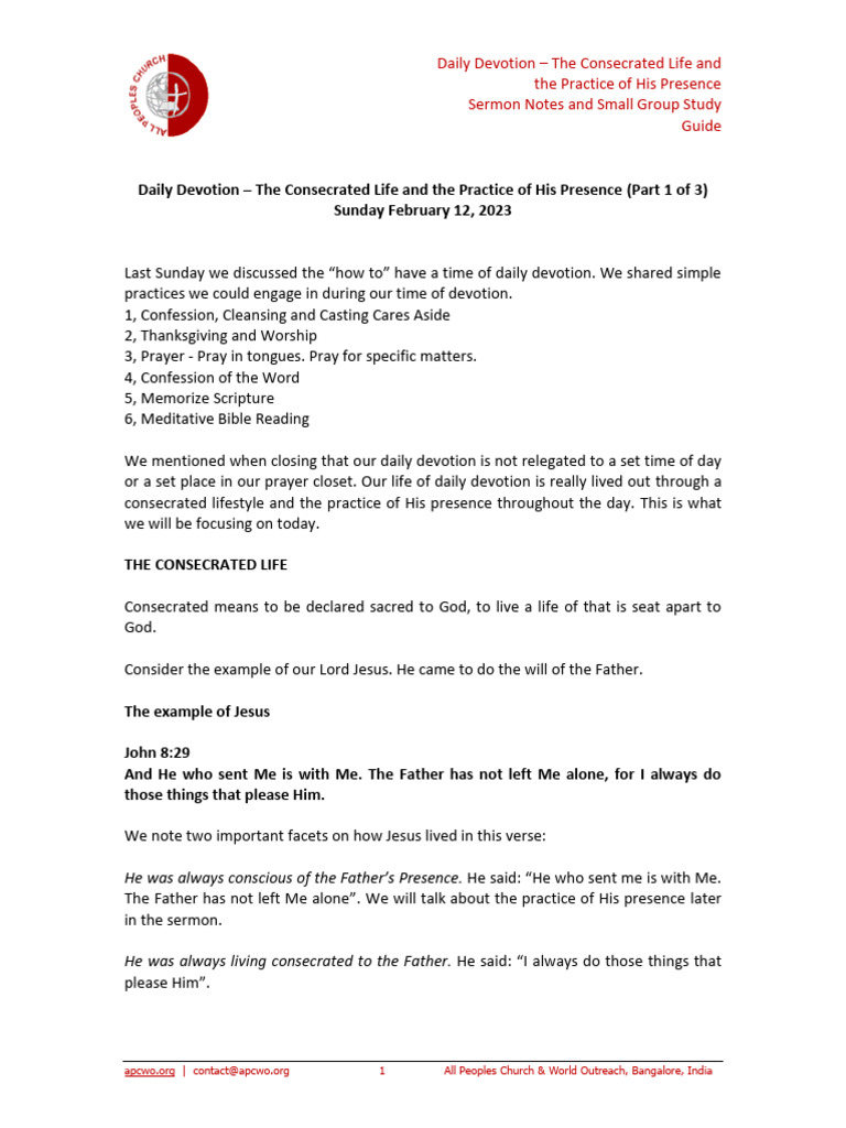 Daily Devotion The Consecrated Life And The Practice Of His Presence