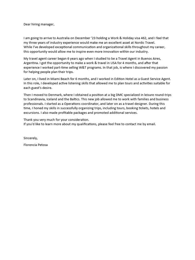 Cover letter travel agent PDF