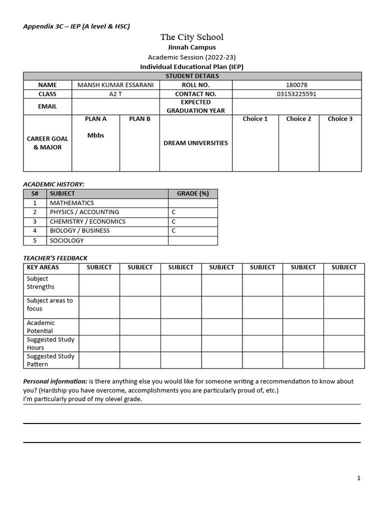 Iep Form Filled | PDF | Behavior Modification | Learning