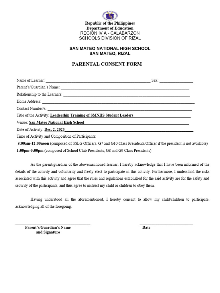 Parental Consent for Leadership Training | PDF