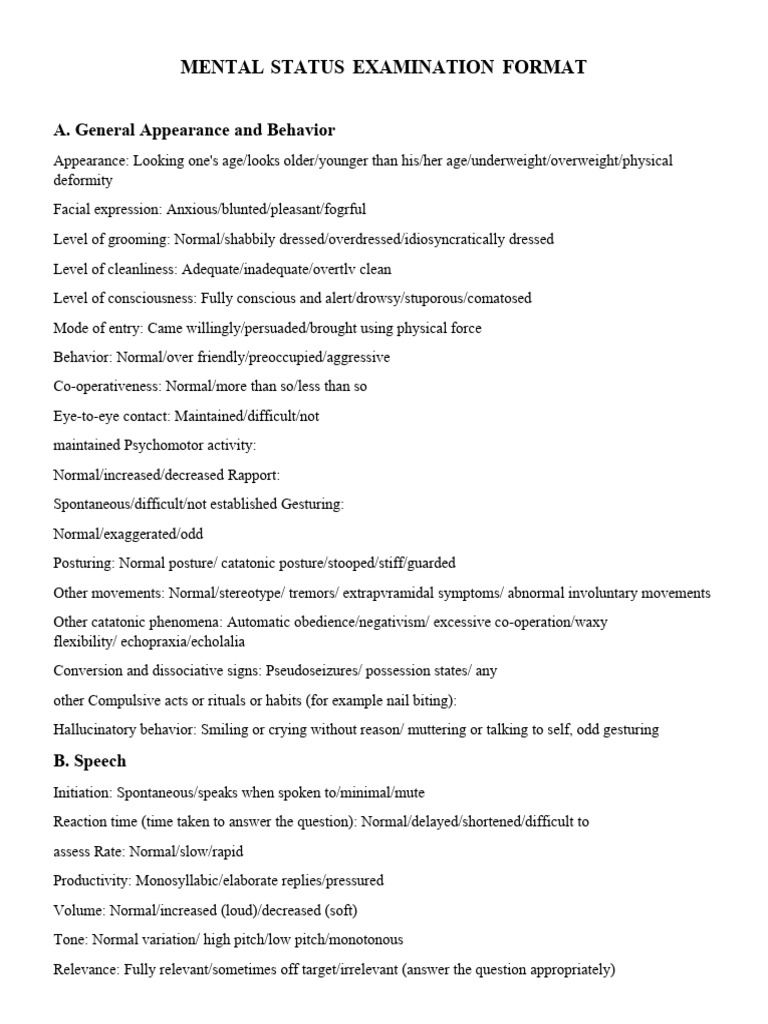 MENTAL STATUS EXAMINATION FORMAT | PDF