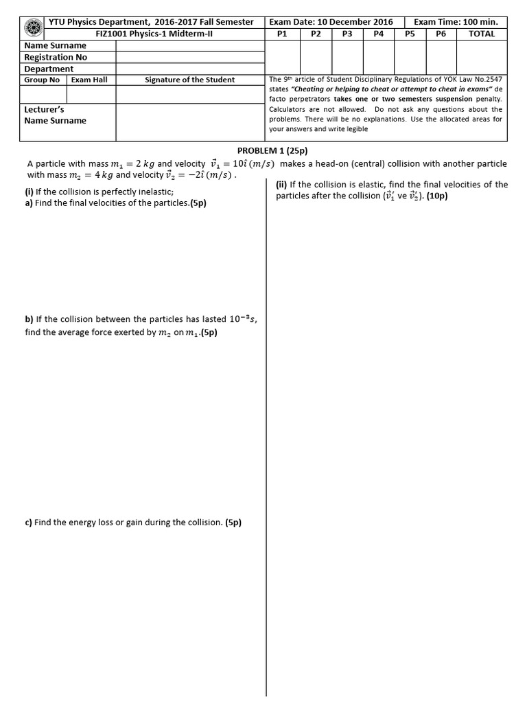 Physics Exam: Collision & Rotation | PDF | Rotation Around A Fixed Axis ...