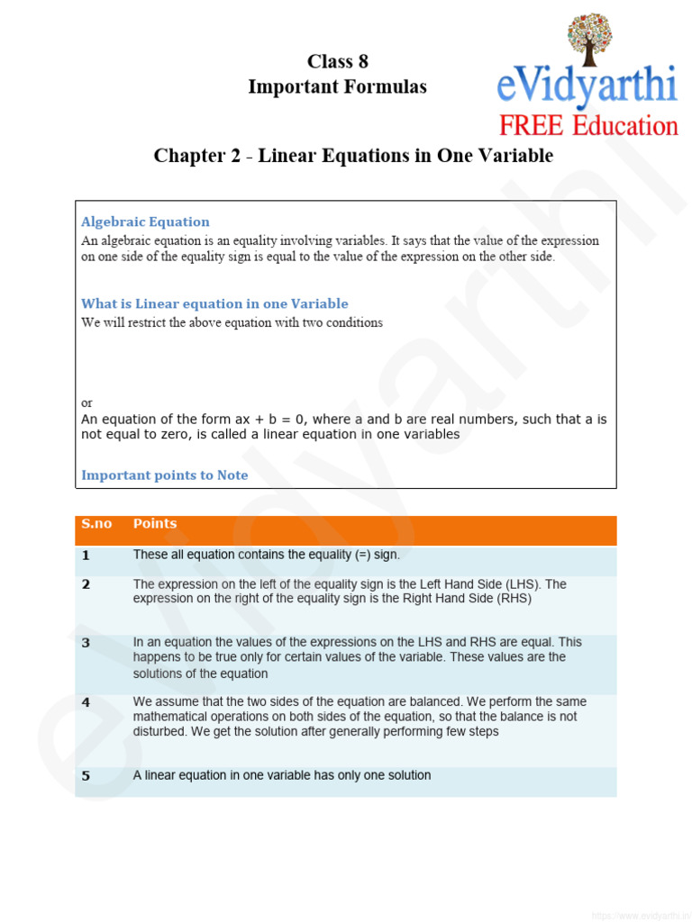 Class 8 Linear Equations Overview | PDF | Equations | Applied Mathematics