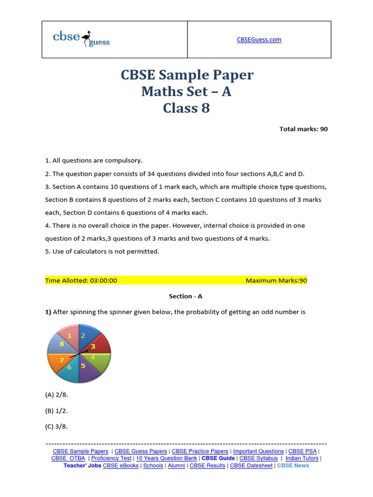Grade 8 Maths - Set A - Sample Paper - Questions | PDF