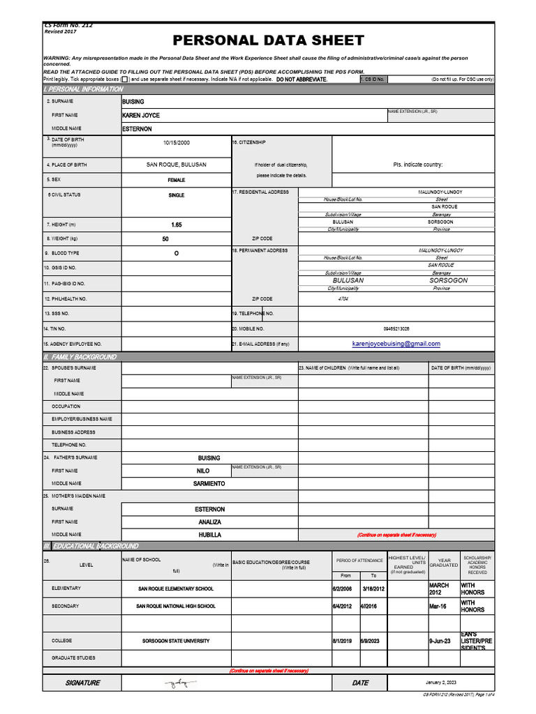 CS Form No. 212 Personal Data Sheet Revised PDF Crimes Crime