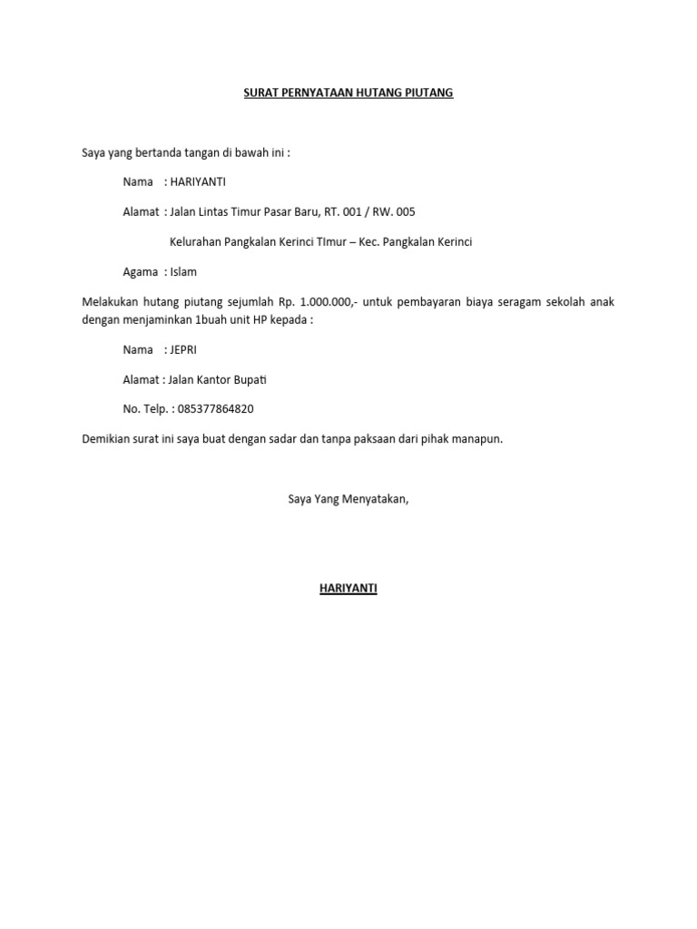Surat Pernyataan Hutang Piutang Pdf