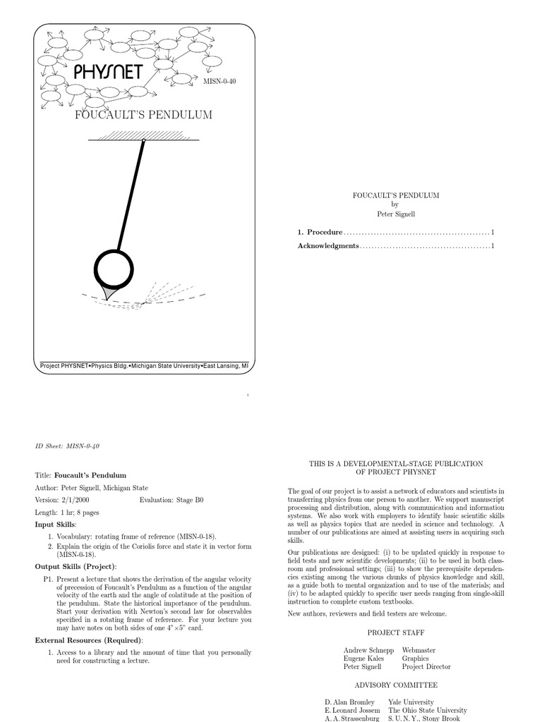 Foucault'S Pendulum Project Physics Bldg. Michigan State