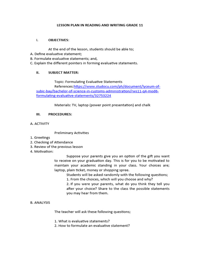 Lesson Plan in Reading and Writing Grade 11 PDF Lesson Plan Teachers