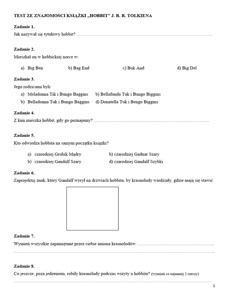Sprawdzian Z Hobbita Klasa 6 Hobbit - Test Ze Znajomości | PDF