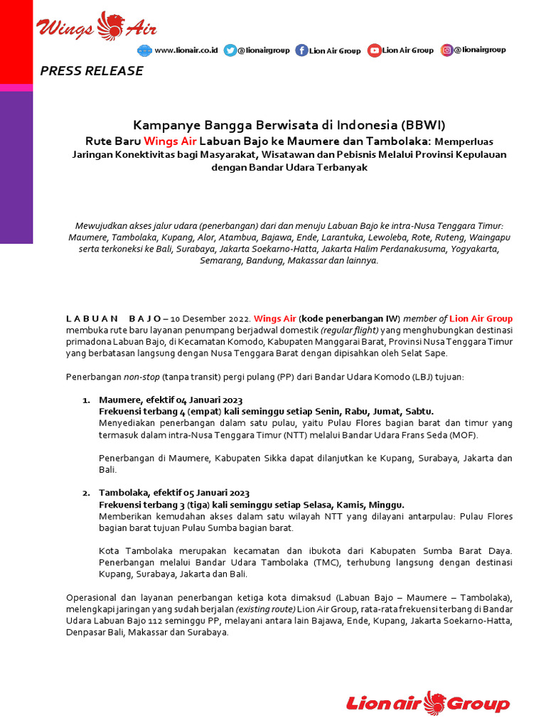 Wings Air resmikan rute langsung Malang–Lombok, akses wisata dan ekonomi makin terbuka
