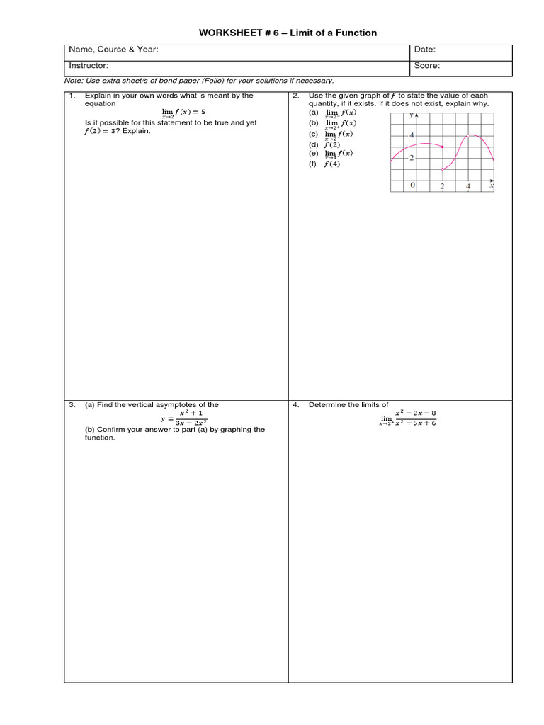 WORKSHEET # 6 - Limit of A Function | PDF