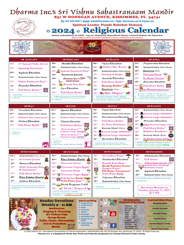 Dharma Inc.'s Sri Vishnu Sahastranaam Mandir 2024 Religious Dates and