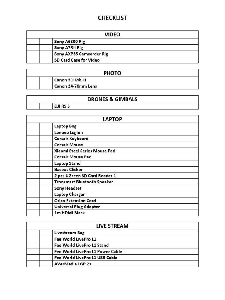 Comprehensive Video Gear Checklist | PDF