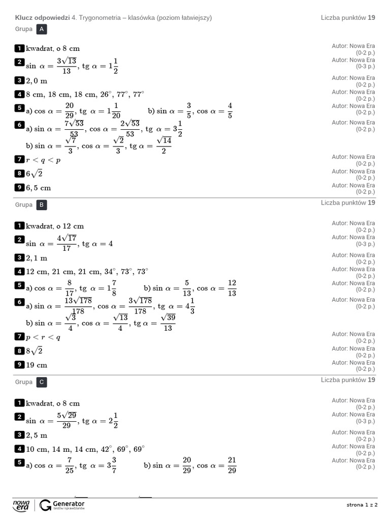 Trygonometria Klasowka Poziom Atwiejszy Klucz Odpowiedzi PDF
