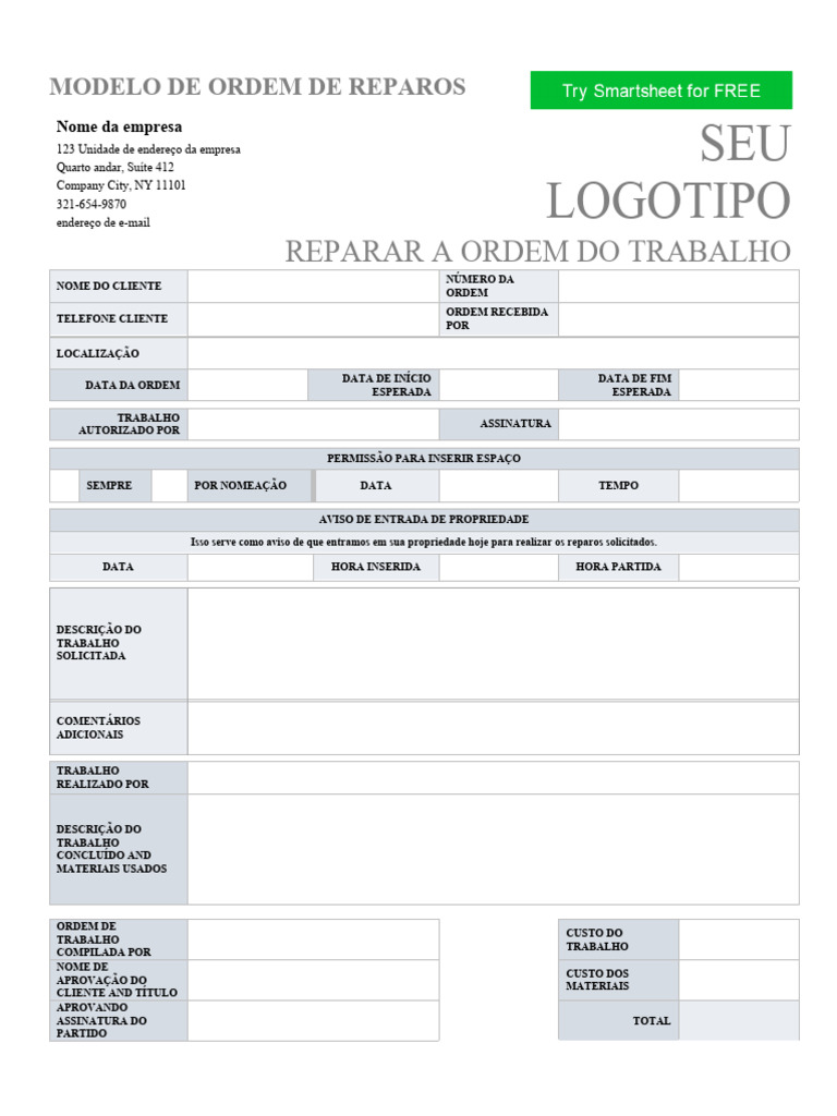 IC Repair Work Order Template 57207 - WORD - PT | Download grátis PDF ...