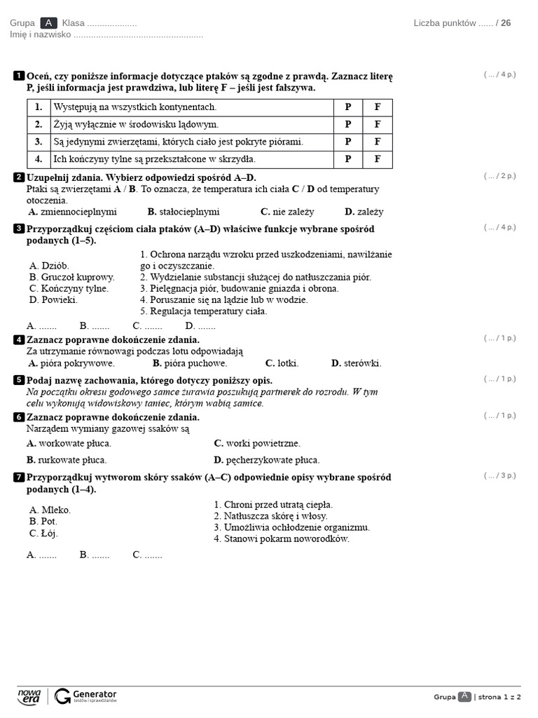 Test Z Wielokatow Klasa 5 Test V. Kręgowce Stałocieplne Test (Z Widoczną Punktacją) | PDF