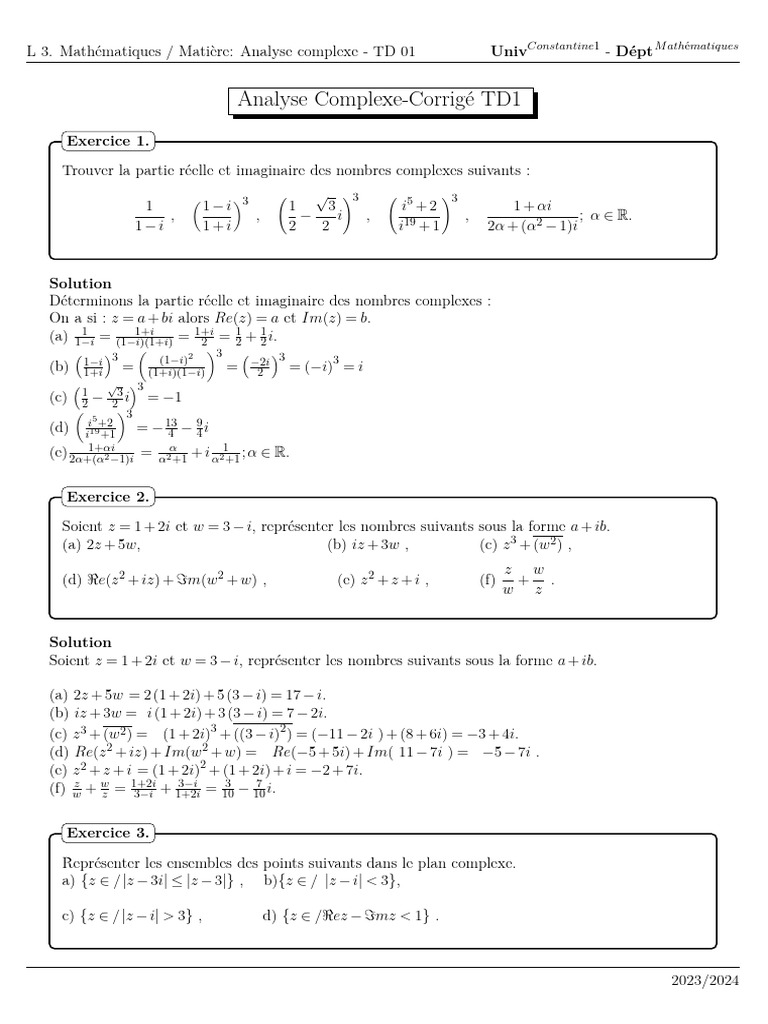 Corrigé de l'exercice en analyse complexe | PDF | Nombre | Théorie des ...