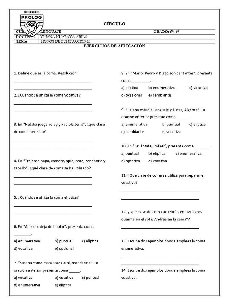 Ejercicios de Puntuación para 5° y 6° Grado | PDF | Oración ...