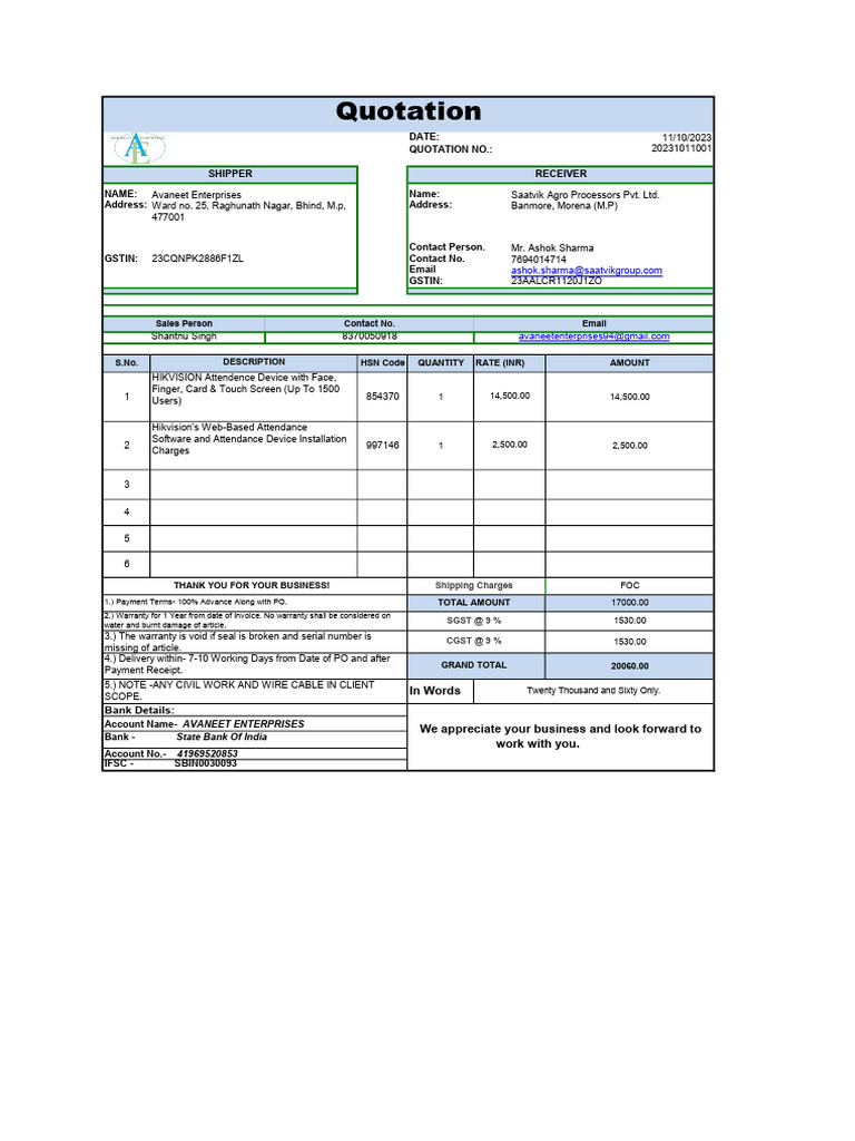 Biometric Attendance Machine Quotation | PDF