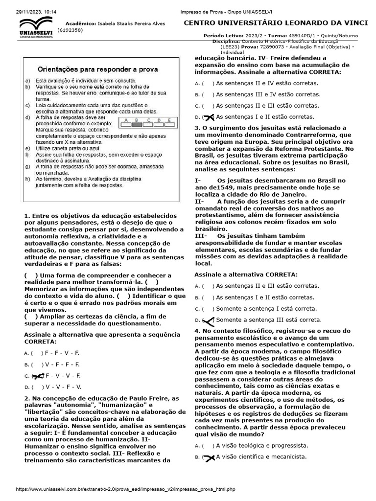 Impresso de Prova - Grupo Uniasselvi 3 Pronto | PDF