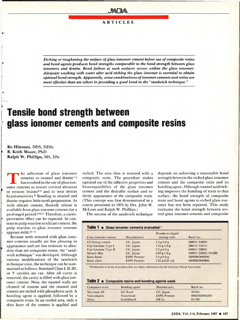 Tensile Bond Strength Between Glass Ionomer Cements and Composite Resins Download Free PDF