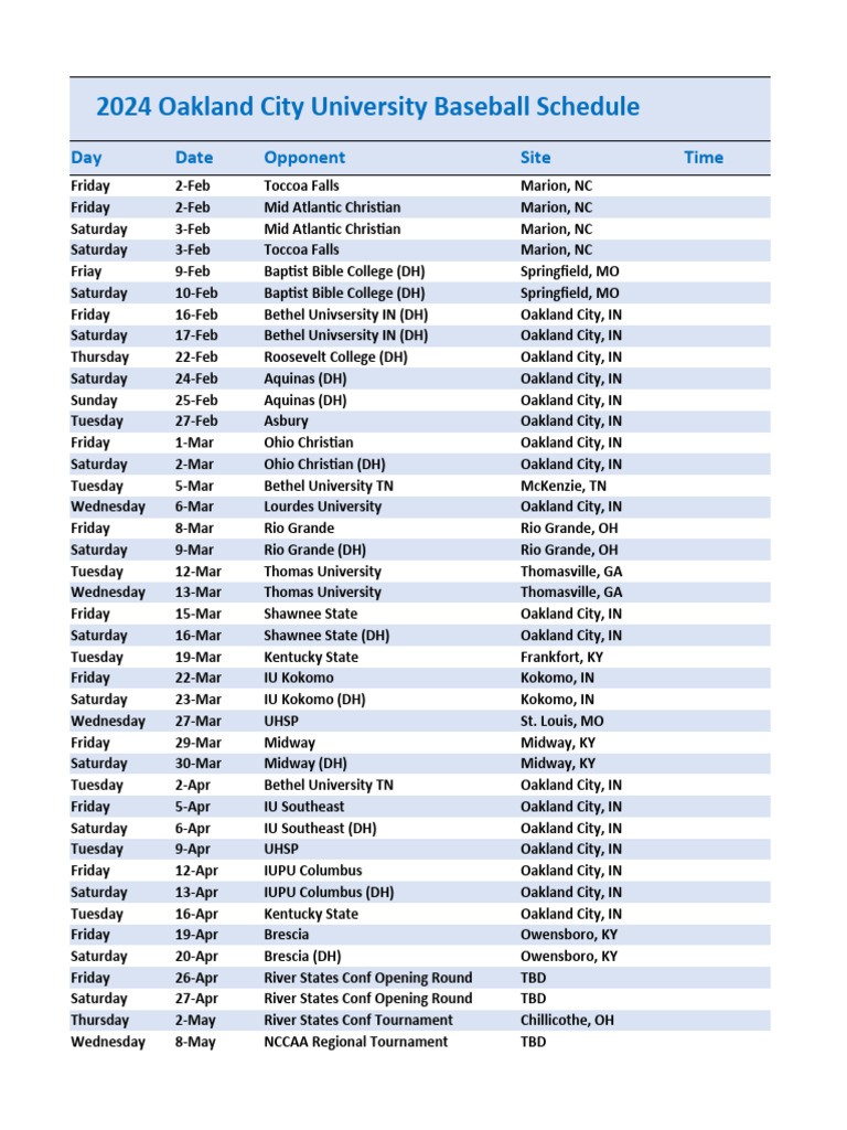 Oakland City 2024 Baseball Schedule PDF