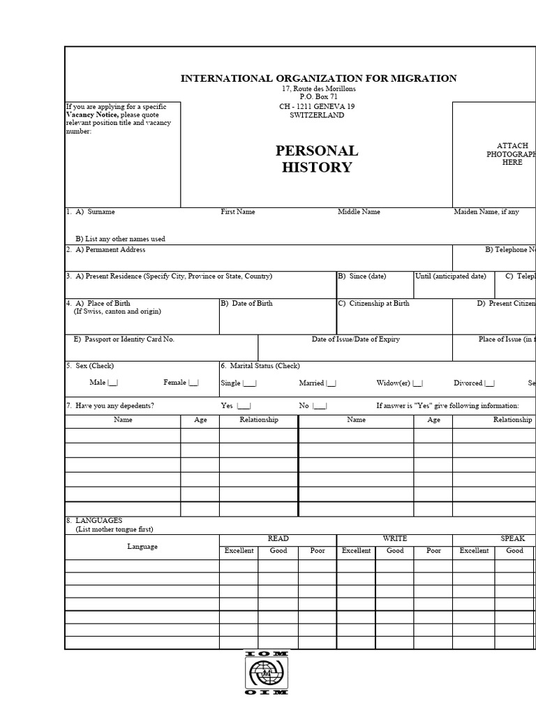 Personal History Form for IOM Applications | PDF | Employment | Bail