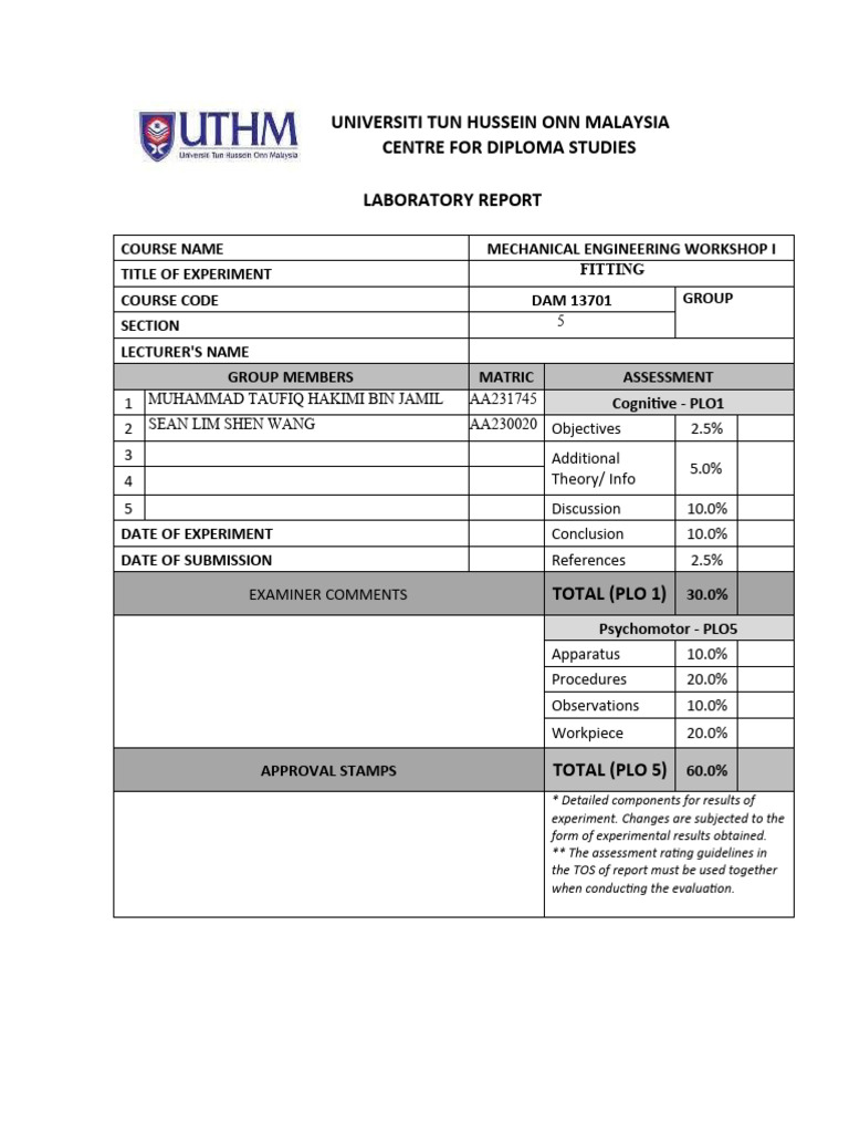 Fitting Report Uthm PDF Drill Screw