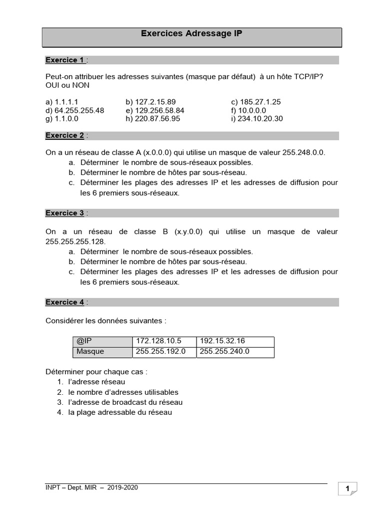 Exercices sur l'Adressage IP et Masques | PDF | Adresse IP | Réseau ...