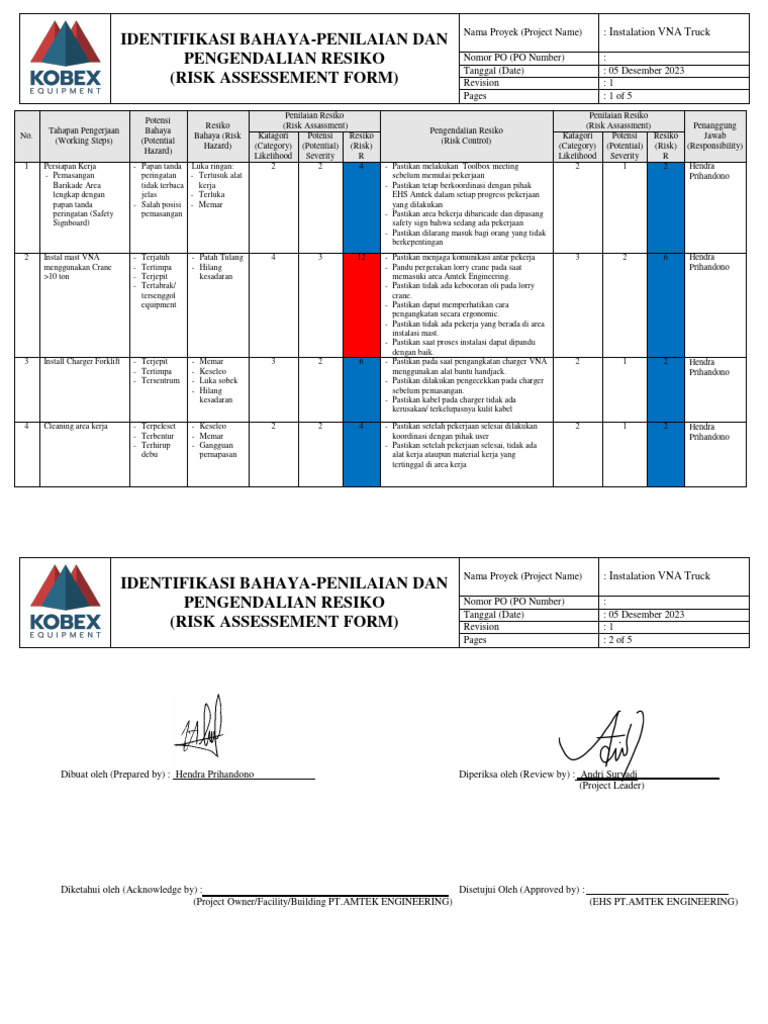 Risk Assesment Instalation VNA Truck PT - Amtek Engineering 2023 | PDF