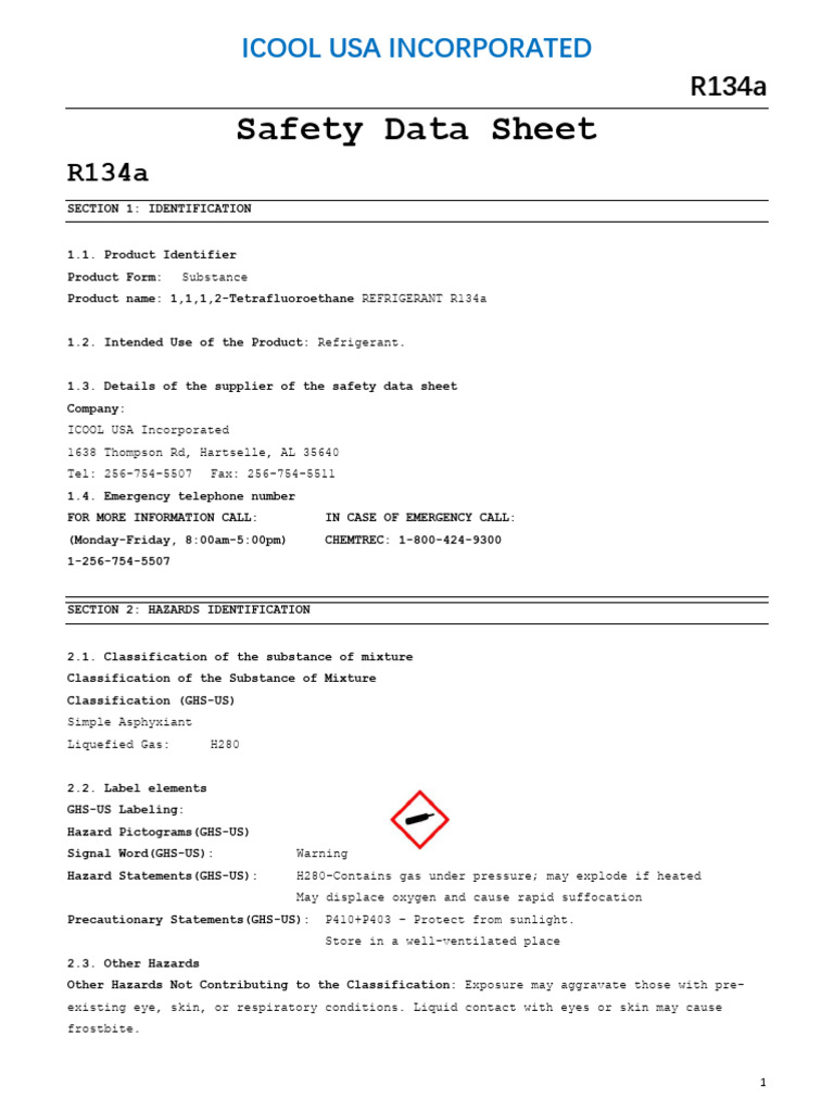 R134a Refrigerant Safety Data Sheet | PDF