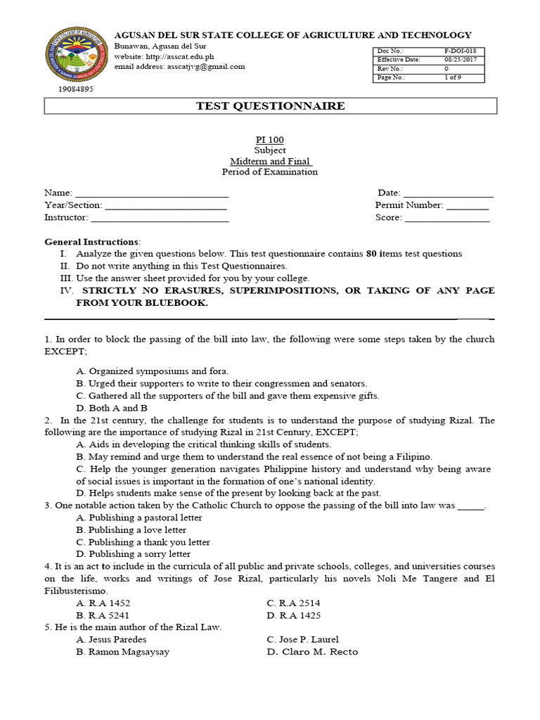 Test-Questionnaire LIFE & WORK OF RIZAL MID & FINAL EXAM - MAM GALO ...