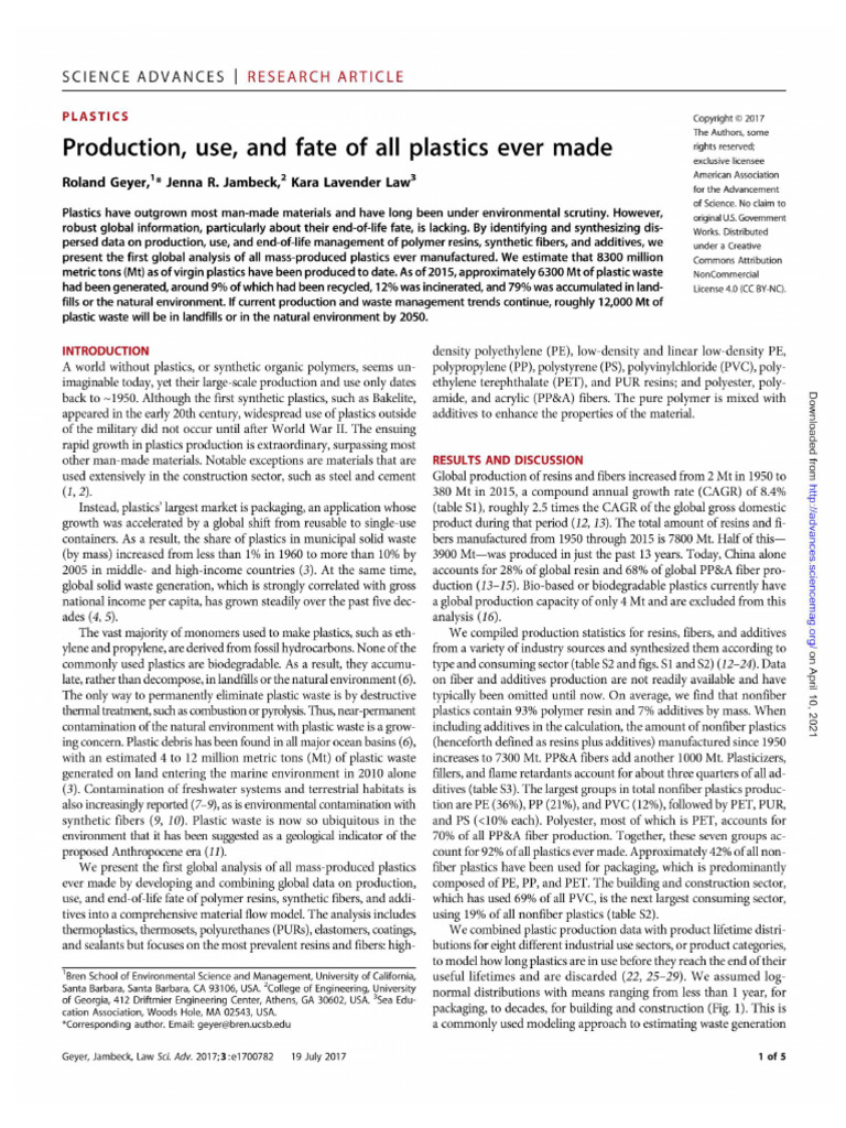 Production, Use, and Fate of All Plastics Ever Made | PDF