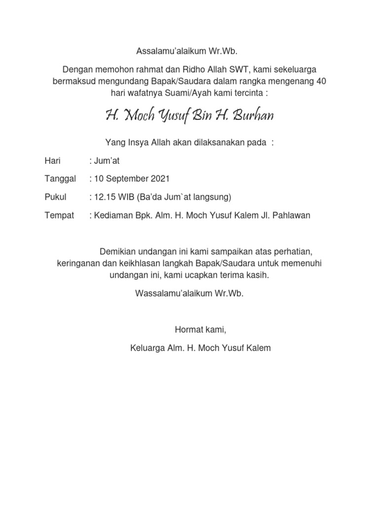 Undangan Haulan 40 Hari H Muhammad Yusuf Bin H Burhan | PDF