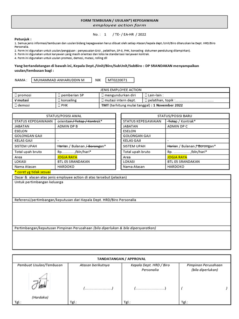 Employee action form pdf