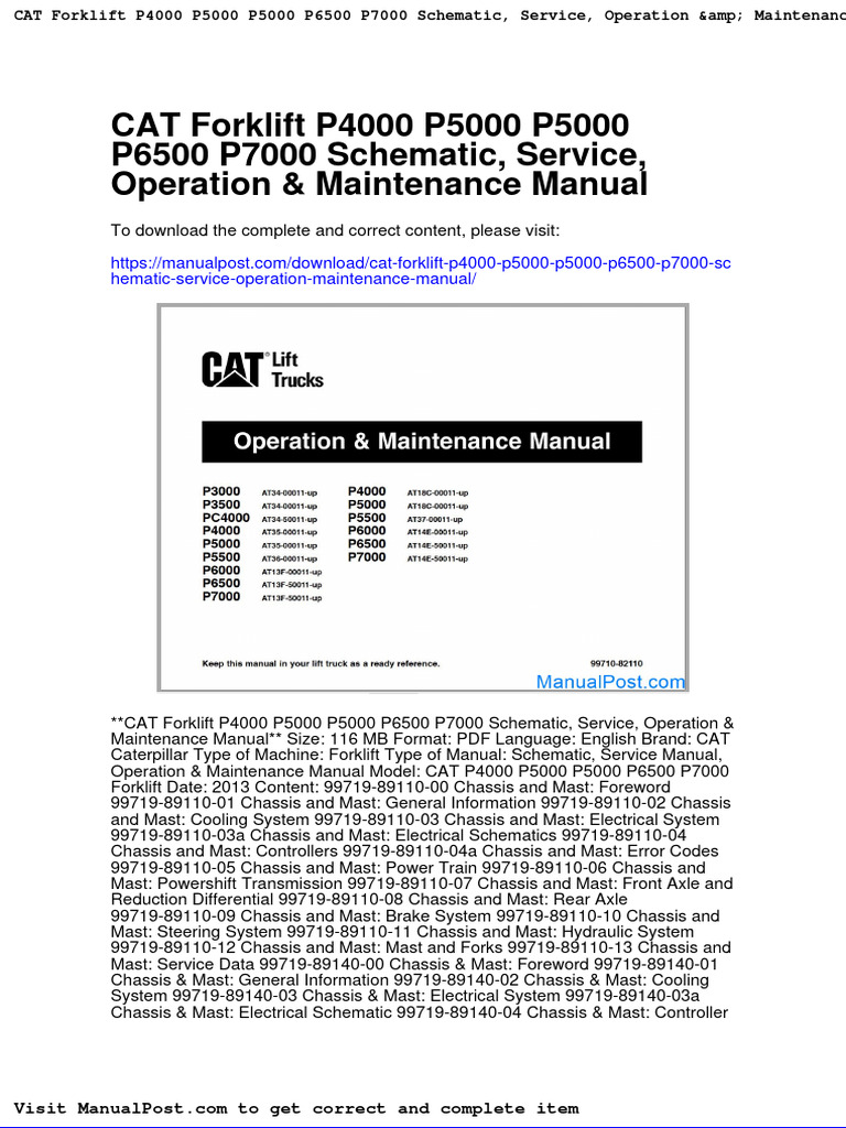 Cat Forklift p4000 p5000 p5000 p6500 p7000 Schematic Service Operation