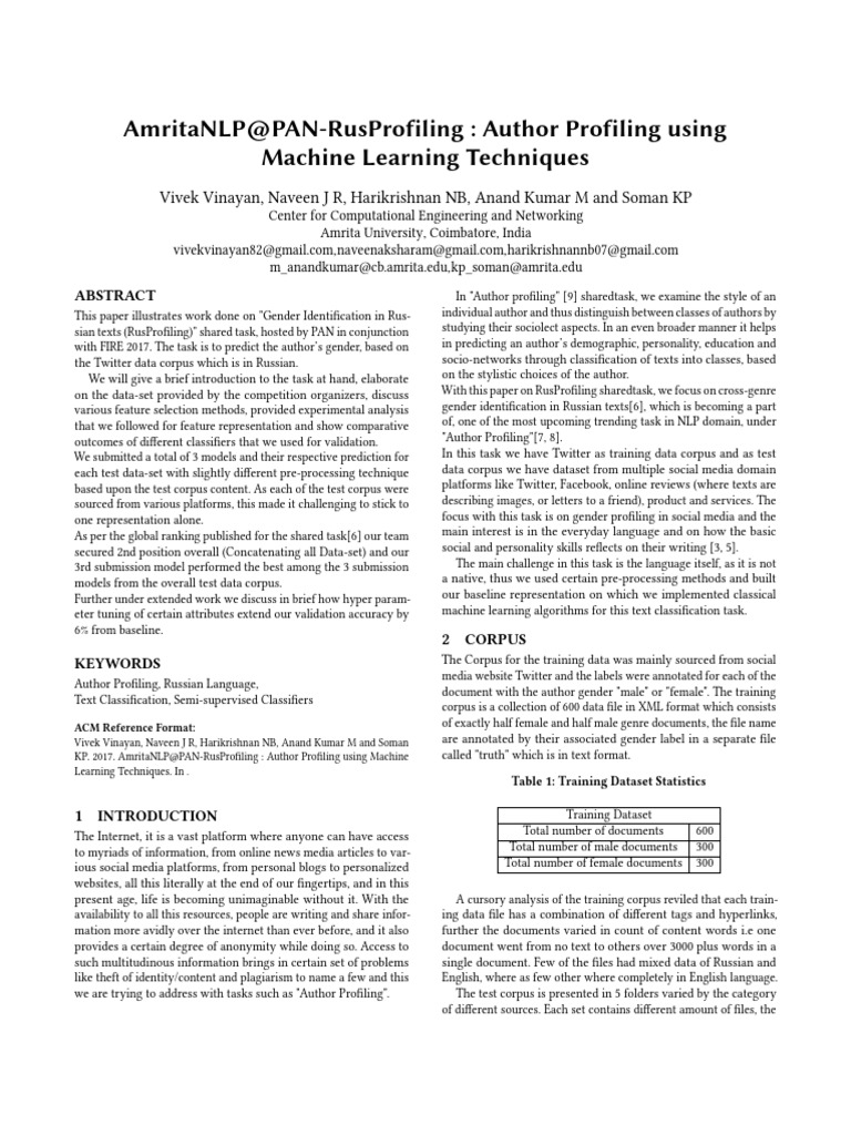 Author Profiling Using Machine Learning Techniques | PDF | Support ...