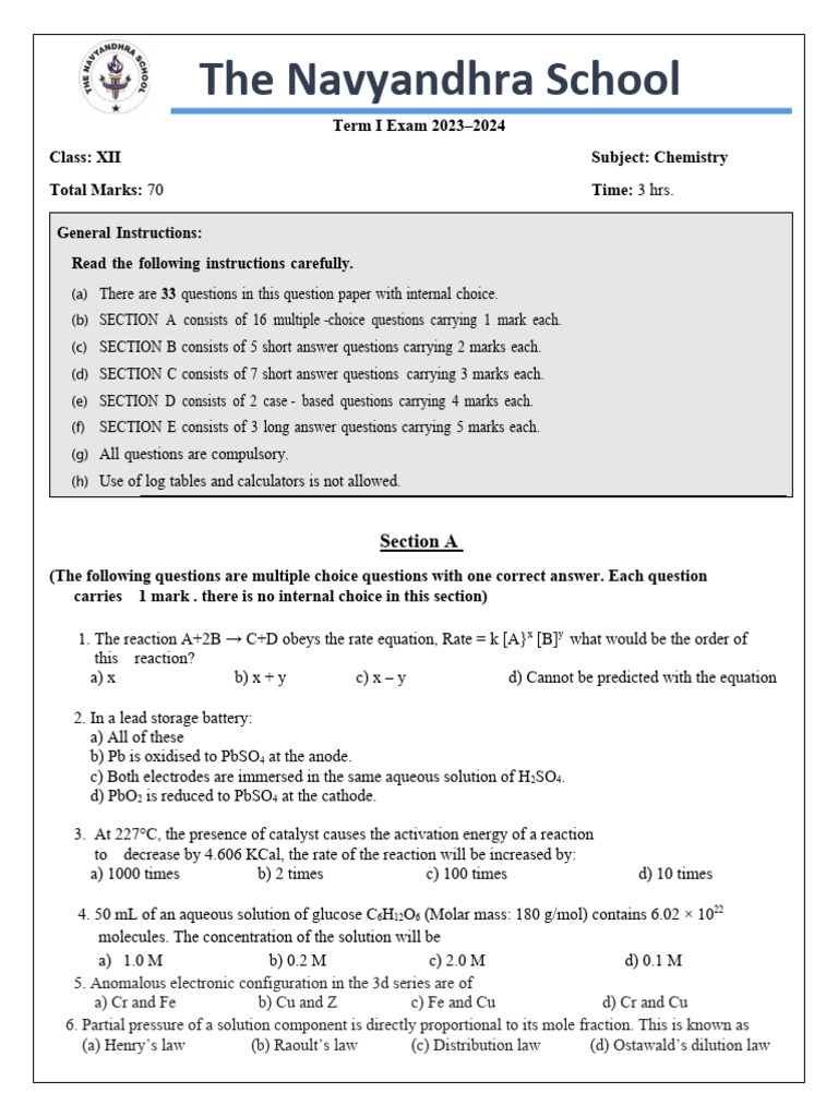 Grade 12 Chemistry Midterm Exam 2023 | PDF | Transition Metals ...