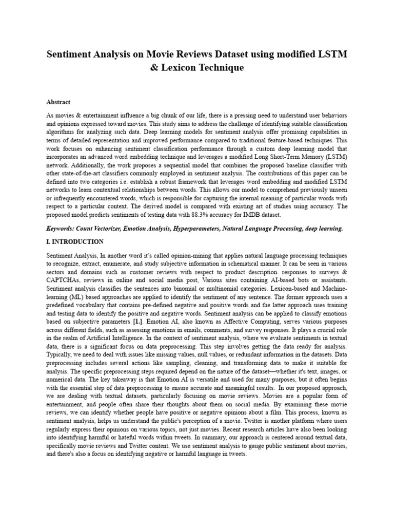 Sentiment analysis on movie reviews dataset using modified lstm