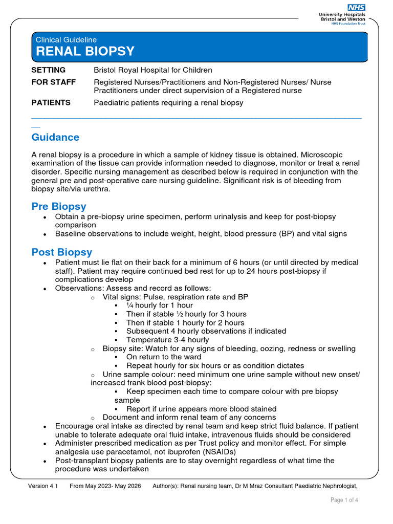 Pediatric Renal Biopsy Care Guidelines | PDF