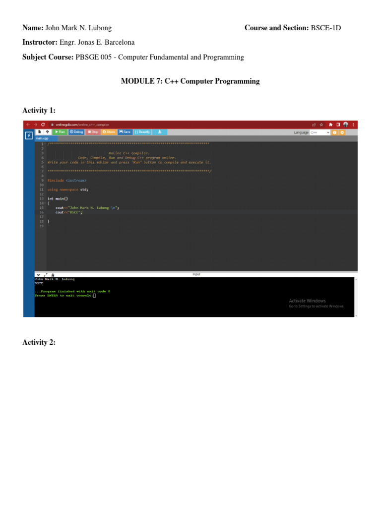 John Mark Lubong Bsce 1D Module 7 Computer Fundamentals and Programming ...