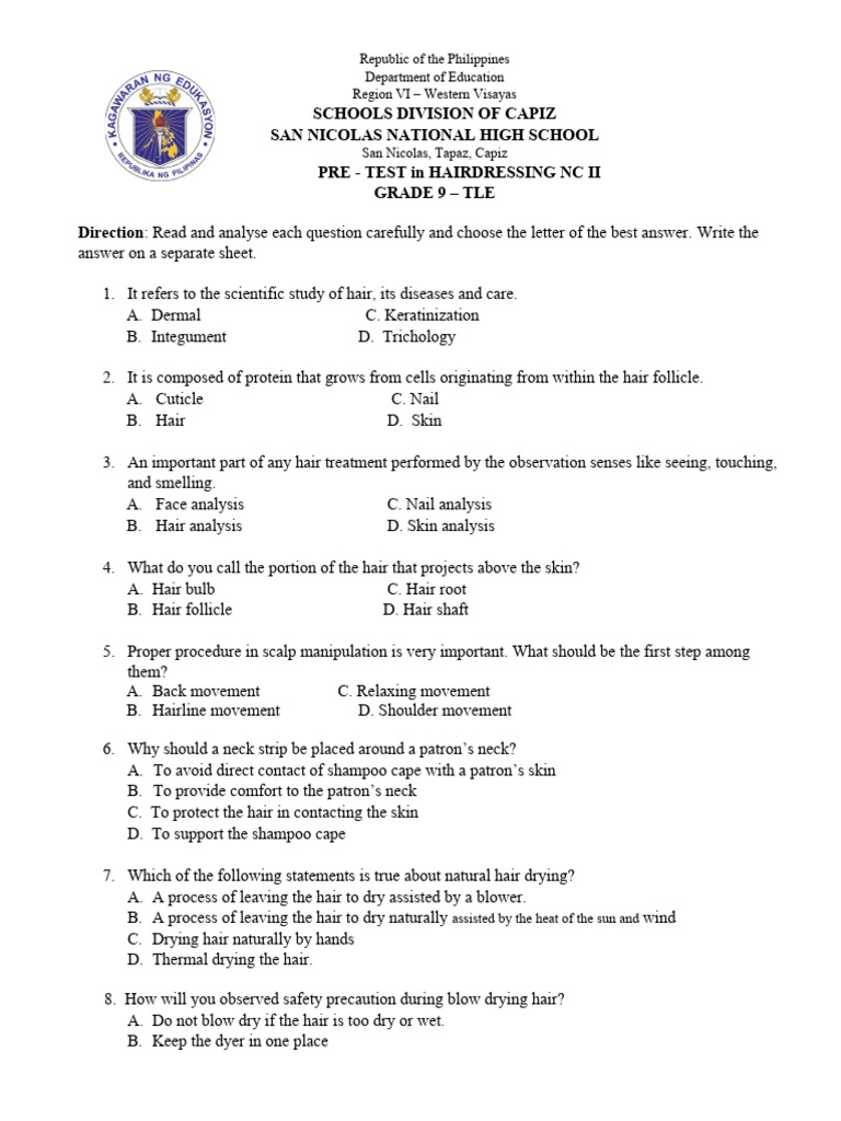PRETEST GRADE 9 HAIRDRESSING PDF