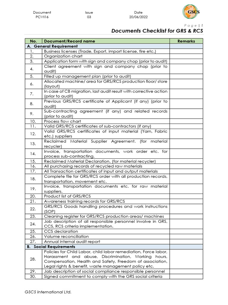 GRS & RCS Document Checklist | PDF